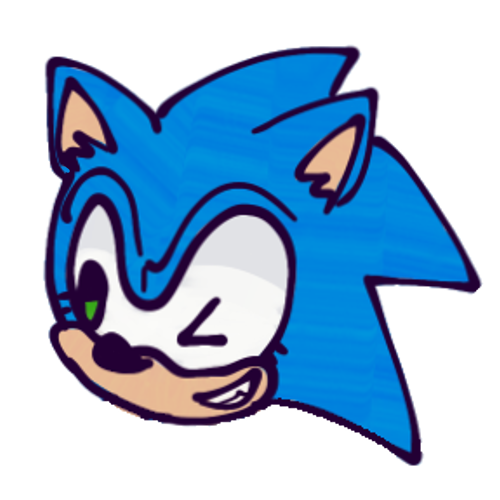 A drawing of Sonic the Hedgehog’s head, with his “classic” design. He is smiling and winking. In contrast to his usual “classic” look, his eyes are green, and he has short lower lashes on his eyes. Sonic is an anthropomorphic blue hedgehog with a beige muzzle and inner ears. His eyes are conjoined in the center. 